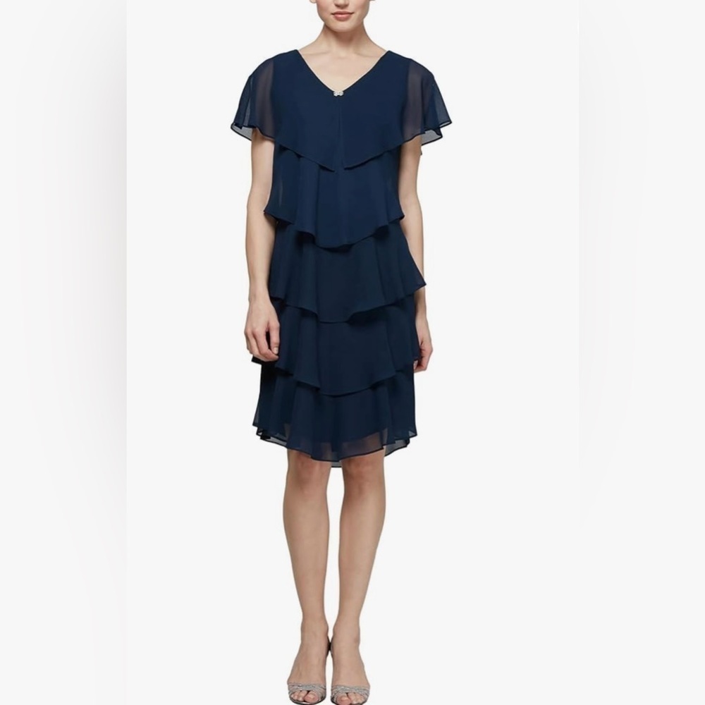 S.L. Fashions Short Sleeve Metallic Print Pebble Tier Dress in Navy